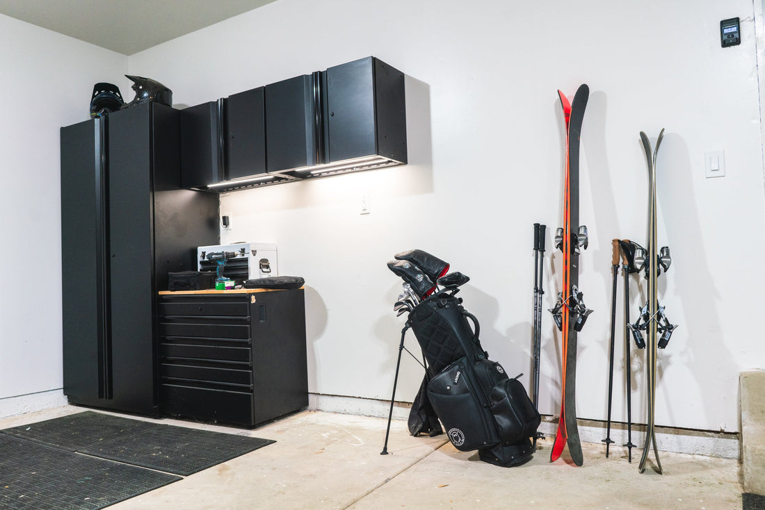 Sleek Red and Black Skis on Pristine White Wall: Modern Storage Elegance