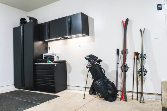 Sleek Red and Black Skis on Pristine White Wall: Modern Storage Elegance